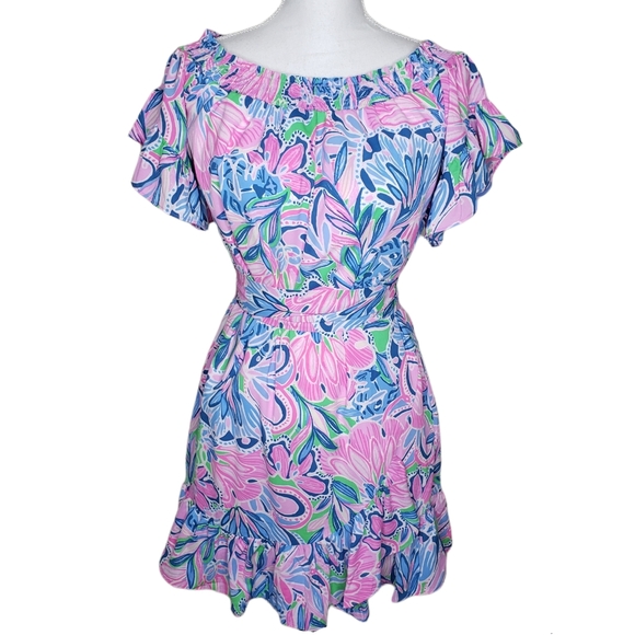 Lilly Pulitzer Dress Maddlyn Off Shoulder Tiger Sunrise Small NEW Summer 2 4 6 - Picture 2 of 12